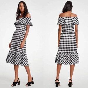 NWT Ann Taylor Off Shoulder Gingham Dress Buffalo Plaid Check Black White
